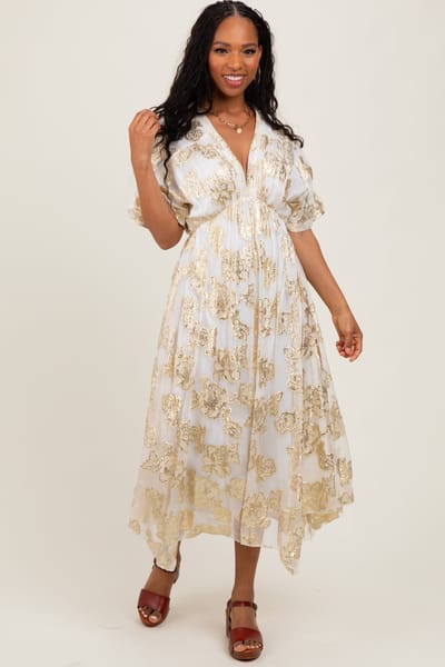 En Creme Cream Metallic Floral Jacquard Overlay Maxi Dress
