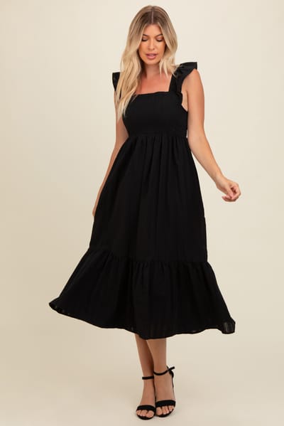Elloh Black Textured Cotton Ruffle Strap Midi Dress