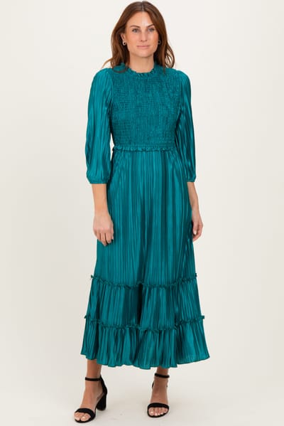 Dress Day Forest Green Pleated Satin Smocked Bodice Midi Dress