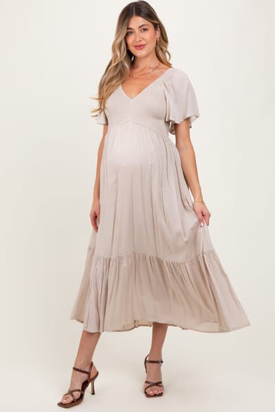 In Loom Cream Smocked Flutter Sleeve Midi Dress