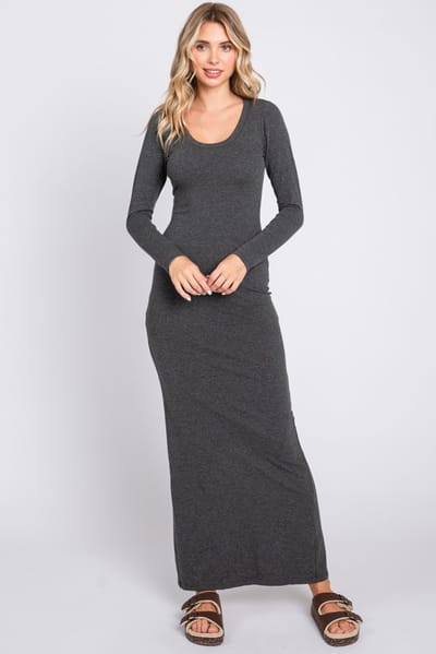 Culture Code Charcoal Solid Long Sleeve Scoop Neck Maxi Dress