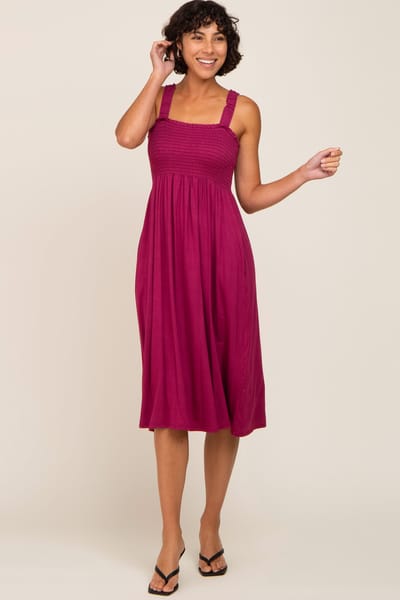 Hello Miz Magenta Smocked Ruffle Strap Midi Dress