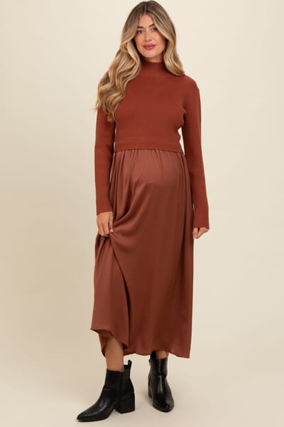 Tea N Rose Brown Knit Contrast Top Satin Maternity Midi Dress