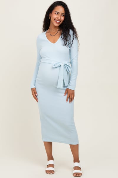 Rhea + Thea Light Blue Solid Brushed Rib Long Sleeve V-Neck Fitted Maternity Midi Dress