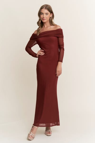 Sweet Generis Burgundy Mesh Off Shoulder Long Sleeve Maxi Dress