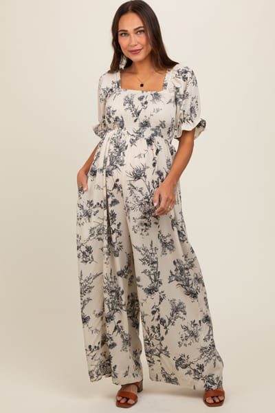 Elloh White Floral Smocked Square Neck Wide Leg Maternity Jumpsuit