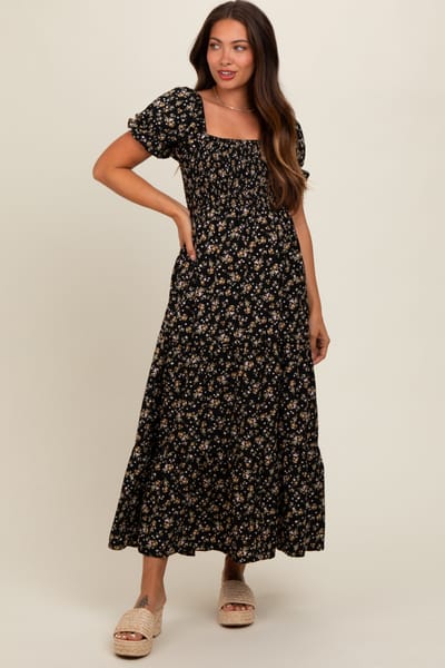 Elloh Black Floral Midi Maternity Dress
