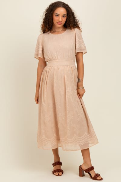 Tea N Rose Beige Floral Embroidered Maternity Midi Dress