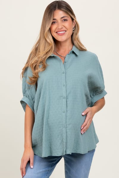 AnnieWear Light Olive Checker Print Short Sleeve Oversized Maternity Blouse