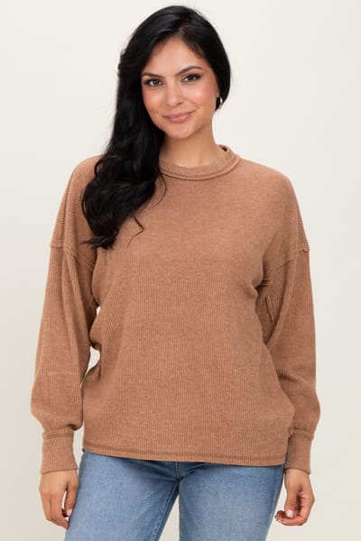 Zenana Outfitters Camel Brushed Ribbed Knit Pullover
