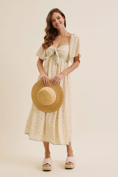 In February Butter Yellow Floral Tie Front Flutter Sleeve Midi Dress
