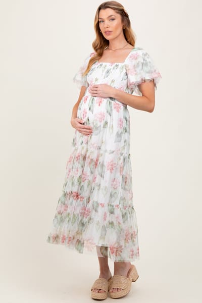Tea N Rose Ivory Floral Mesh Smocked Maternity Midi Dress