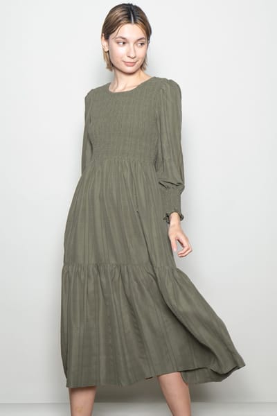 Elloh Olive Textured Stripe Smocked Midi Dress