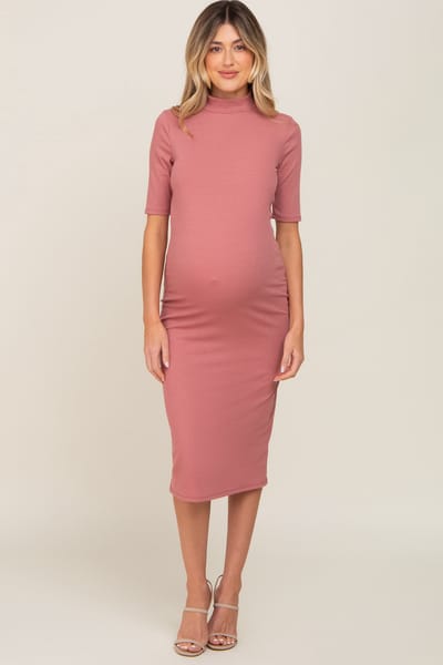 PinkBlush Mauve Ribbed Mock Neck Maternity Midi Dress