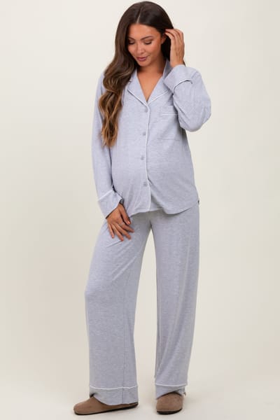 Zenana Outfitters Heather Grey Button Down Top Wide Leg Pant Maternity Pajama Set