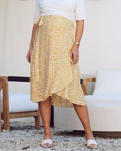 Angel Maternity Christie Maternity Wrap Midi Skirt in Yellow Animal Print