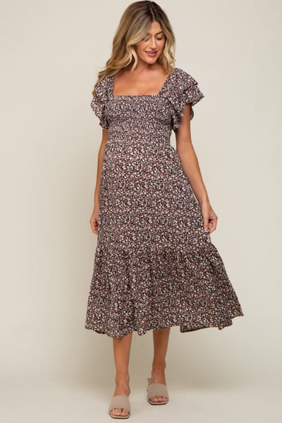 PinkBlush Black Floral Flutter Maternity Midi Dress