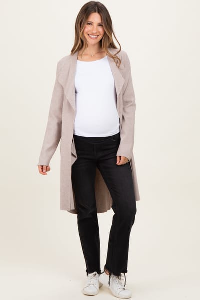 Bluivy Oatmeal Knit Open Front Long Maternity Cardigan