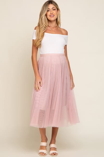 Bluivy Light Pink Tulle Maternity Midi Skirt