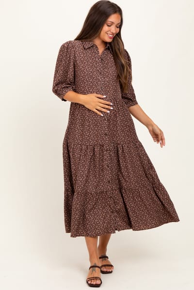 Tea N Rose Brown Floral Tiered Maternity Shirt Midi Dress