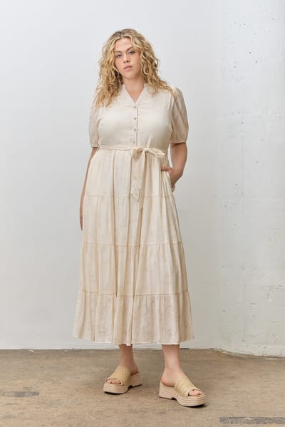 Polagram Cream Split Neckline Tiered Plus Midi Dress