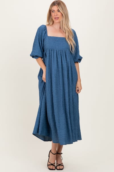 Sweet Lemon Blue Textured 3/4 Puff Sleeve Maxi Dress