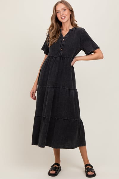Tea N Rose Black Button Front Tiered Maxi Dress