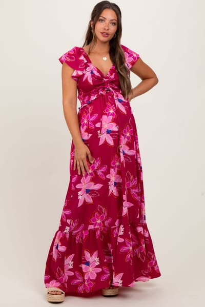PinkBlush Magenta Floral Smocked Cinched Top Maternity Maxi Dress