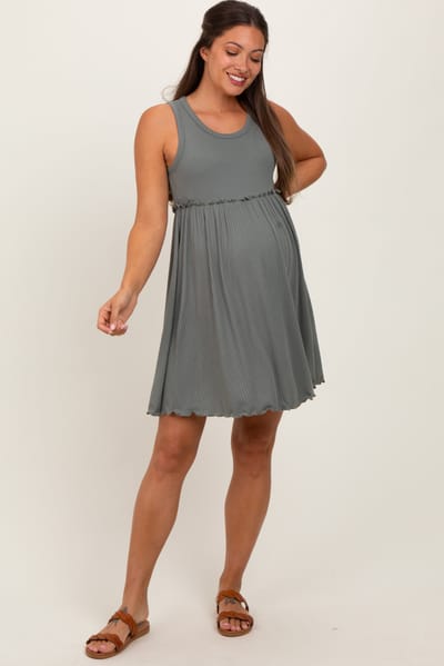 Rhea + Thea Olive Ribbed Sleeveless Lettuce Trim Maternity Mini Dress
