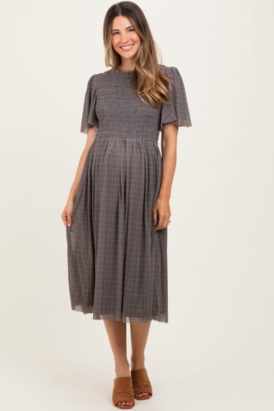 PinkBlush Black Plaid Smocked Mesh Maternity Midi Dress