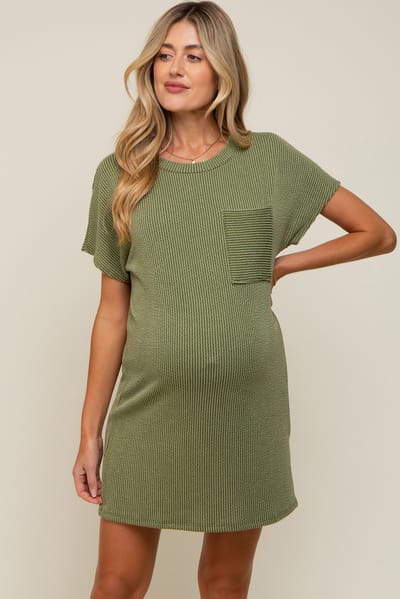 Entro Olive Ribbed Front Pocket Dolman Short Sleeve Maternity Dress