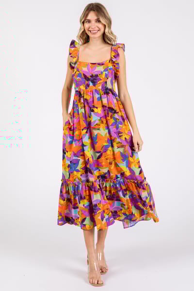 Eesome Orange Floral Satin Square Neck Ruffle Strap Midi Dress