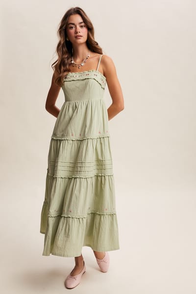 Listicle Sage Embroidered Ruffle Tiered Maxi Dress