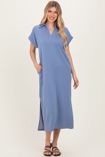 Entro Dusty Blue Collared Short Sleeve Midi Dress