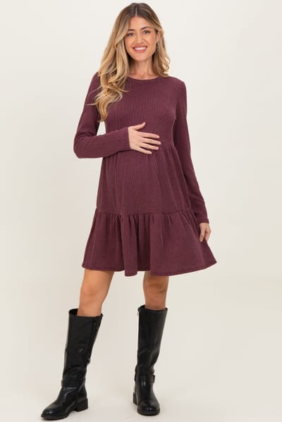 Heimish Burgundy Textured Rib Tiered Long Sleeve Maternity Dress