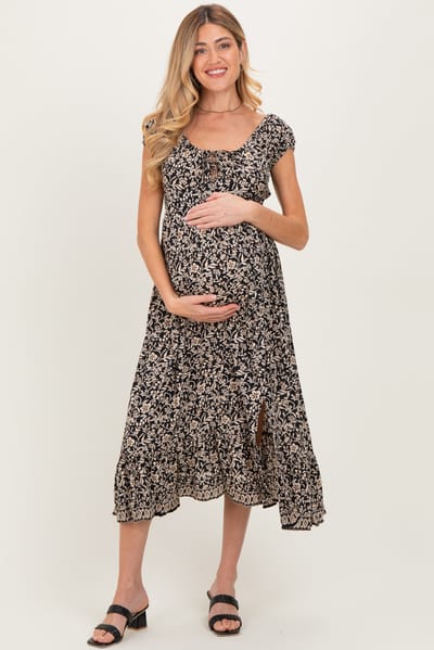 PinkBlush Black Floral Twisted Back Cutout Maternity Midi Dress