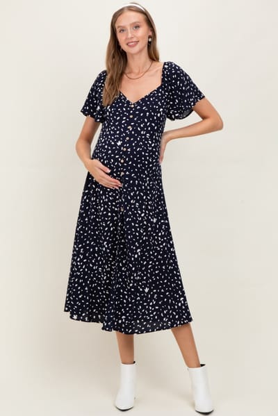 Final Touch Navy Printed Button Accent Flutter Sleeve Maternity Midi Dress