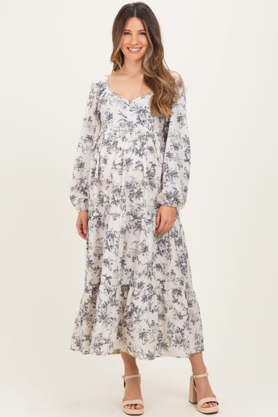 PinkBlush Cream Antique Floral Neck Maternity Maxi Dress