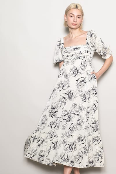 Elloh Ivory Rose Print Pleated Bodice Maxi Dress