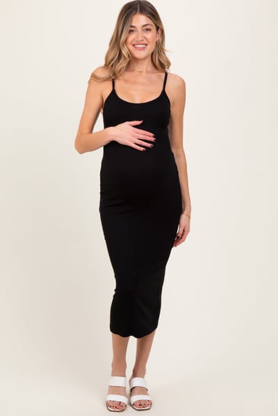 PinkBlush Black Ribbed Bodycon Maternity Midi Dress