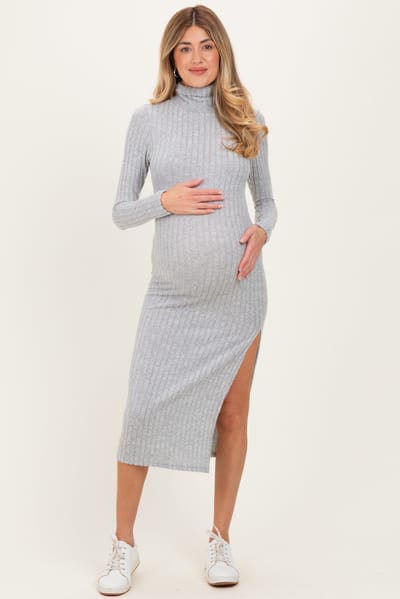 PinkBlush Light Grey Ribbed Knit Turtleneck Side Slit Maternity Dress