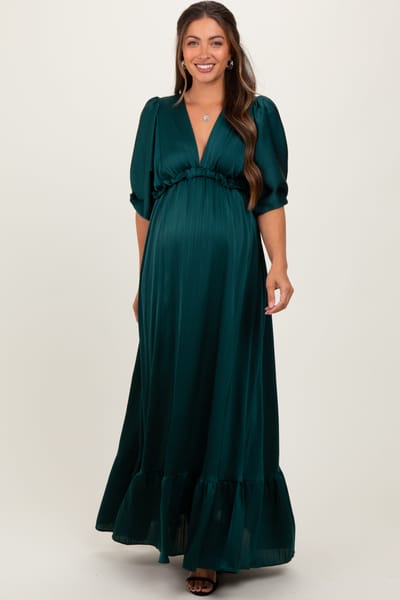 Rhea + Thea Forest Green Striped Ruffle Accent Maternity Maxi Dress