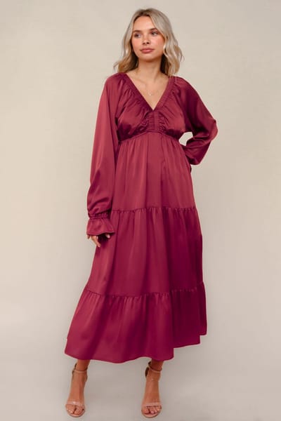 Haptics Burgundy Solid V-Neck Satin Long Sleeve Maxi Dress