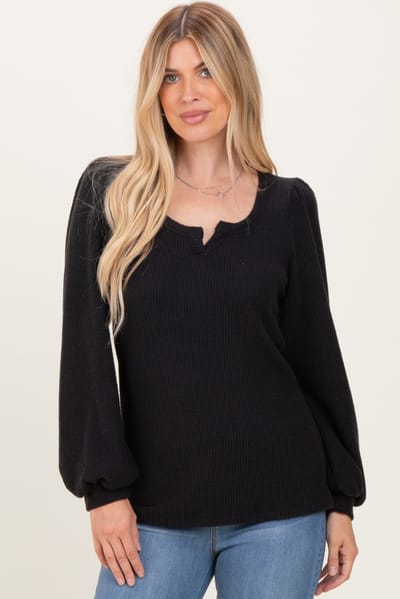 Rhea + Thea Black Solid Ribbed Long Sleeve V-Neck Tunic Top