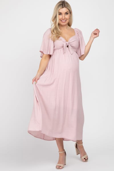 Lime N Chili Light Pink Front Tie Ruffle Sleeve Maternity Midi Dress