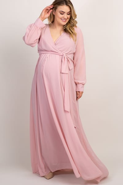 PinkBlush Light Pink Chiffon Long Sleeve Pleated Plus Maternity Maxi Dress