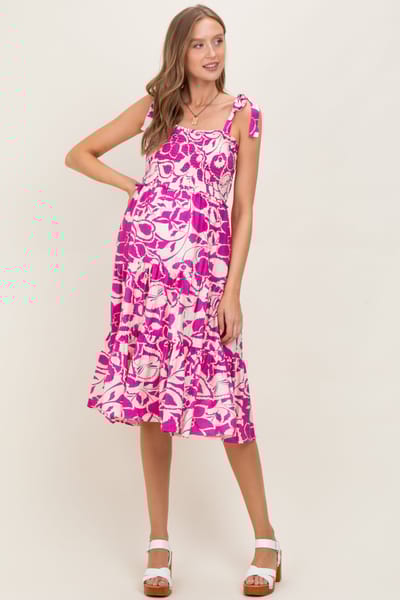 PinkBlush Fuchsia Bloom Floral Print Tie Strap Smocked Tiered Maternity Dress
