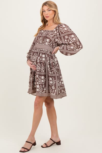 Polagram Brown Floral Square Neck Bubble Sleeve Maternity Dress