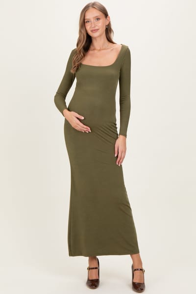 Shop Iris Basic Olive Square Neck Long Sleeve Maternity Maxi Dress