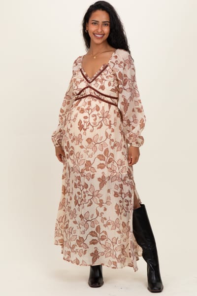 PinkBlush Cream Floral V-Neck Velvet Trim Maternity Maxi Dress